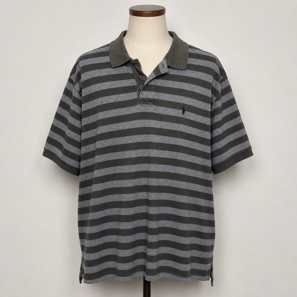 Polo Ralph Lauren Mens XXL Grey Striped Short Sleeve Cotton Pique Polo Shirt